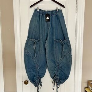 Stylish Blue Drawstring Denim Pants